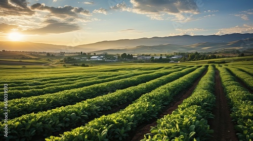 Agricultural black and green fields and sunset in clouds. Agriculture environment illustration. Generative AI