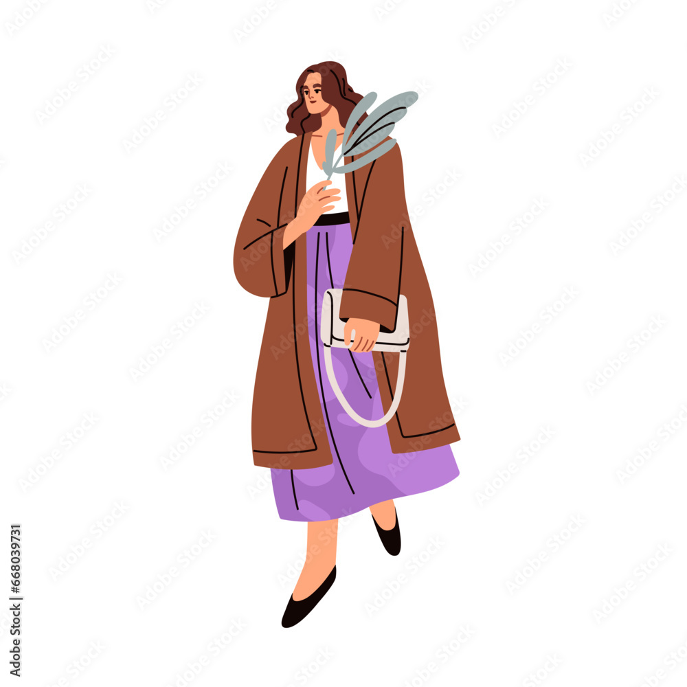 Young woman walking in fashion apparel, holding leaf plant in hand. Romantic girl wearing modern outfit, stylish clothes, skirt, cardigan and bag. Flat vector illustration isolated on white background