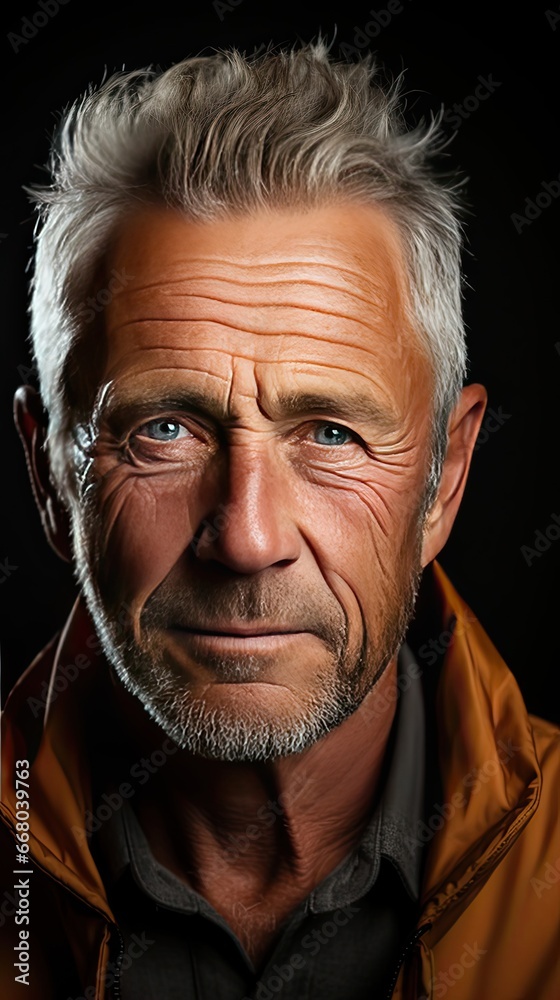 Close up portrait of an elegant senior man blue eyed and with grey hair on background. Man face portrait illustration. Generative AI