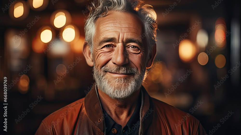 Portrait of happy senior man smiling at home. Old man relaxing on sofa and looking at camera. Portrait of elderly man enjoying retirement. Smile emotion illustration. Generative AI Portrait of happy senior man smiling at home. Old man relaxing on sofa and looking at camera. Portrait of elderly man enjoying retirement. Smile emotion illustration. Generative AI