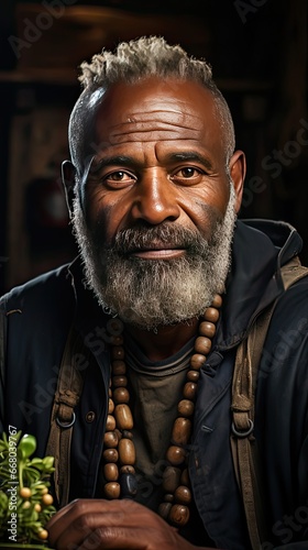 Close-up portrait of bald and bearded african american senior man in log cabin. Man portrait illustration. Generative AI