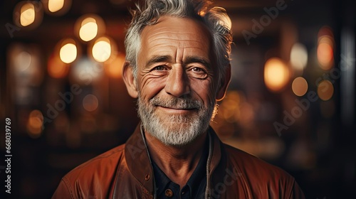 Portrait of happy senior man smiling at home. Old man relaxing on sofa and looking at camera. Portrait of elderly man enjoying retirement. Smile emotion illustration. Generative AI