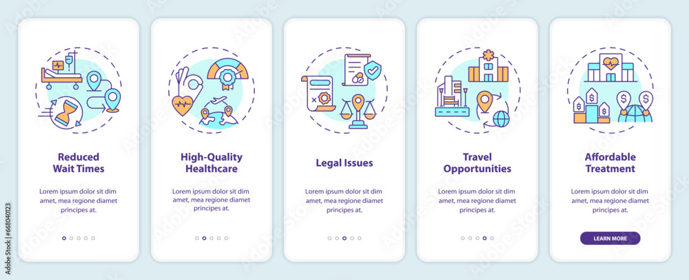 2D linear icons representing medical tourism mobile app screen set. Walkthrough 5 steps multicolor graphic instructions with concept, UI, UX, GUI template.