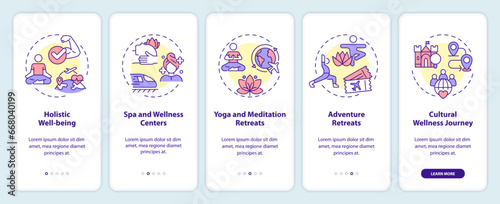 2D icons representing medical tourism mobile app screen set. Walkthrough 5 steps multicolor graphic instructions with thin line icons concept, UI, UX, GUI template.