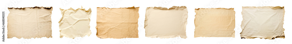 Collection of torn paper with space for text design, old brown paper texture, on transparent background. png