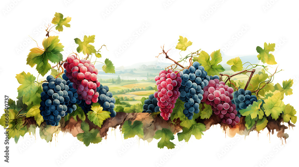 Lush Grapevines in Vineyard Isolated on Transparent or White Background, PNG - obrazy, fototapety, plakaty 