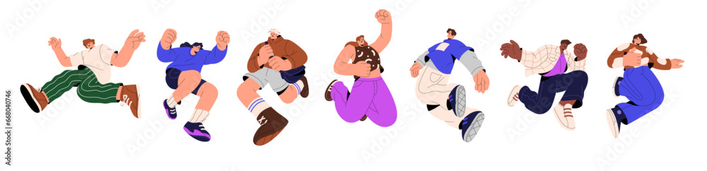 Different jumping people set. Young employees group achieve goal, rejoice. Happy team get success. Corporate, business victory. Healthy lifestyle. Flat isolated vector illustration on white background Different jumping people set. Young employees group achieve goal, rejoice. Happy team get success. Corporate, business victory. Healthy lifestyle. Flat isolated vector illustration on white background