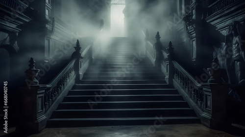 A spooky mansion at night. Spooky staircase with fog and a glowing ghostly apparition. halloween mansion horror