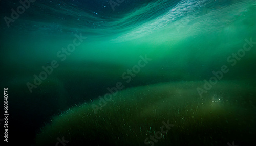 Green underwater view of the algae-covered seabed.
