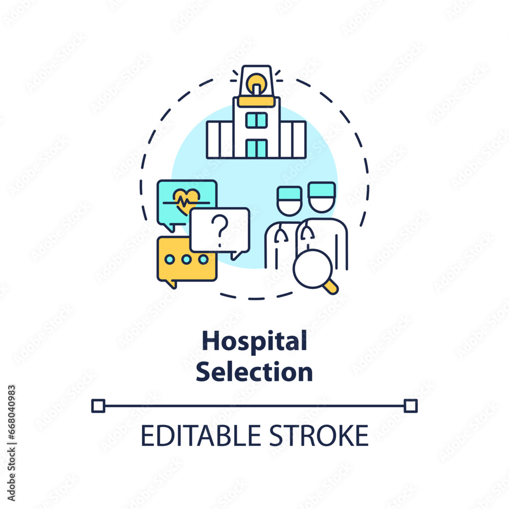 2D editable multicolor hospital selection icon, simple isolated vector, medical tourism thin line illustration.