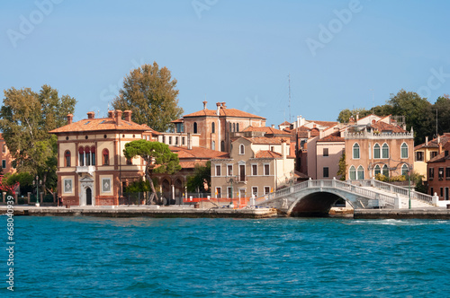 Beautiful view from Grand Canal on colorful facades of old medieval houses in Venice