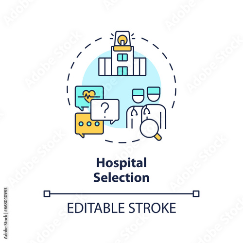 2D editable multicolor hospital selection icon, simple isolated vector, medical tourism thin line illustration.