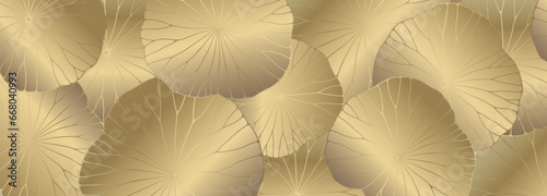 Luxurious golden botanical background with water lily leaves. Vector gradient background for decor, wallpaper, covers, cards and presentations.