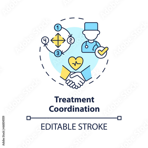 2D editable multicolor treatment coordination icon, simple isolated vector, medical tourism thin line illustration.