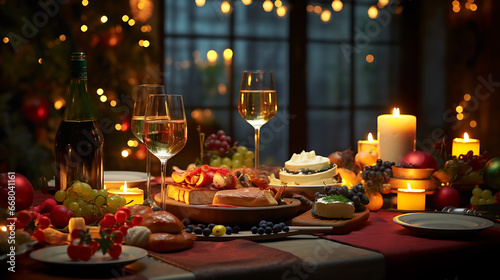 A holiday feast with a table full of dessert, wine glass christmas light decoration