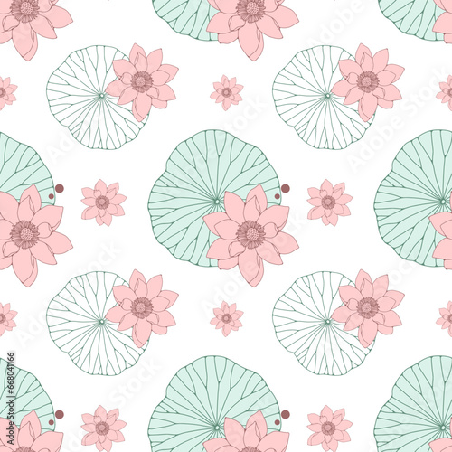 Delicate vector seamless pattern with green water lily leaves and pink flowers. Pattern for textiles, wrapping paper, wallpaper, covers, backgrounds.