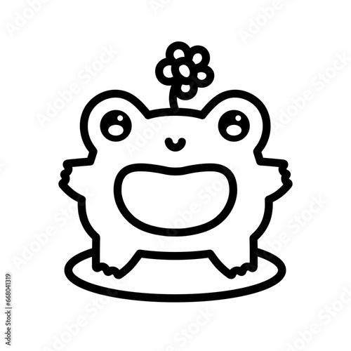 Cute frog. Cartoon Character Frog with daisy on head. Sticker. Funny plump frog with flower. Children's coloring book concept. Vector illustration in linear style