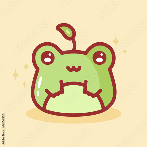 Cute frog. Cartoon Character Frog with sprout on head. Sticker. Funny plump frog with plant. Vector illustration in flat style