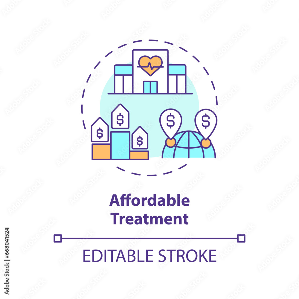 2D editable multicolor affordable treatment icon, simple isolated vector, medical tourism thin line illustration.