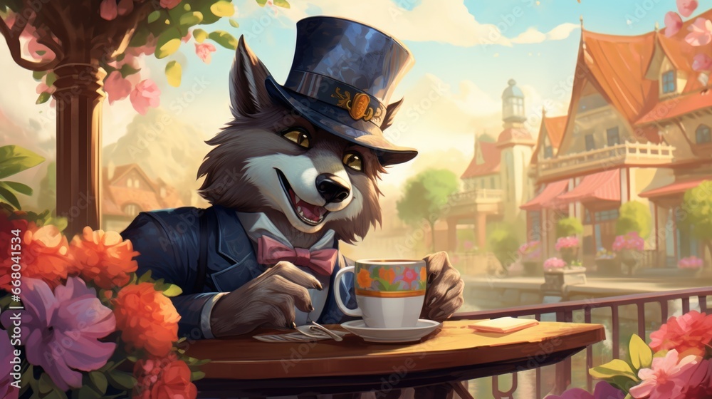 A cartoon wolf with a top hat sitting at a table with a cup of coffee
