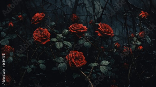 A bunch of red roses sitting on top of a lush green field © Maria Starus