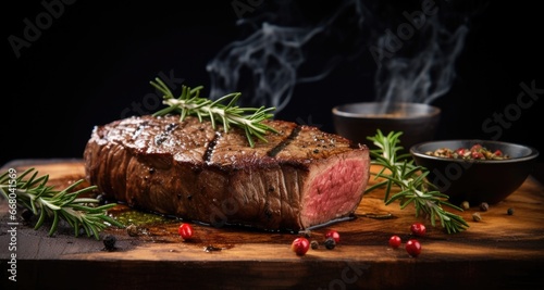 A steak on a cutting board with a sprig of rosemary