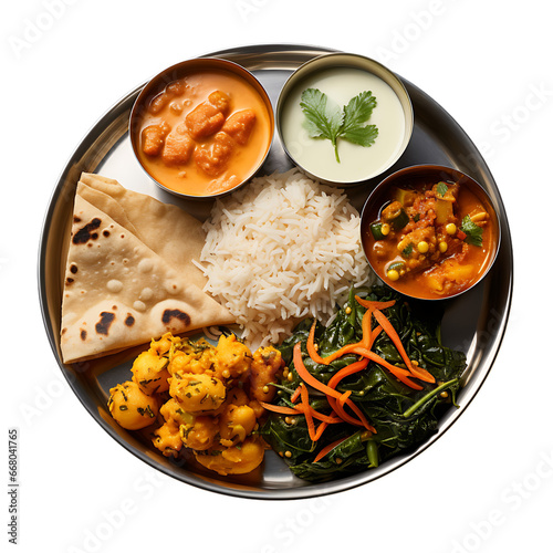 Top View of Indian Thali Meal Isolated on Transparent or White Background, PNG