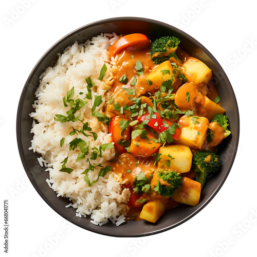 Top View of Vegetable Curry with Rice Isolated on Transparent or White Background, PNG