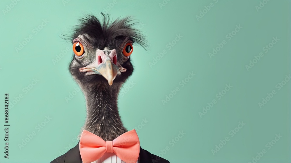 emu bird in party attire: colorful cone hat, necklace, and bowtie on pastel background with copy space - creative animal concept for birthday party invite - obrazy, fototapety, plakaty 