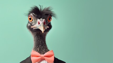 emu bird in party attire: colorful cone hat, necklace, and bowtie on pastel background with copy space - creative animal concept for birthday party invite