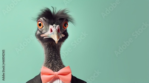 emu bird in party attire: colorful cone hat, necklace, and bowtie on pastel background with copy space - creative animal concept for birthday party invite © Ashi
