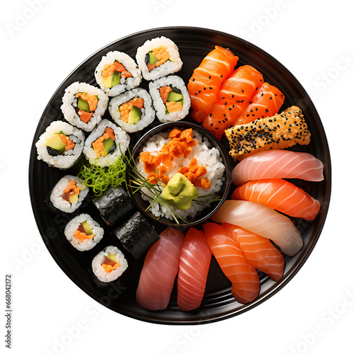 Top View of Fresh Sushi Varieties Isolated on Transparent or White Background, PNG
