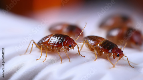 bed bugs stuck to white bed sheets, red insect close up © Planetz