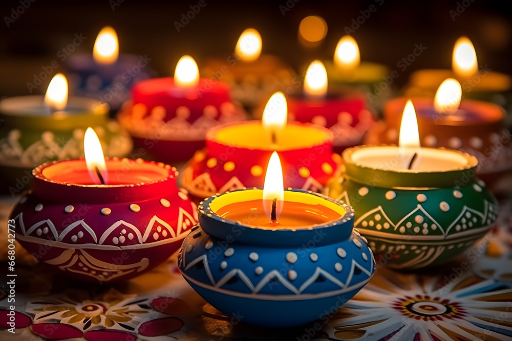 set of lamps, Colorful clay diya lamps lit during diwali celebration set of lamps, Colorful clay diya lamps lit during diwali celebration