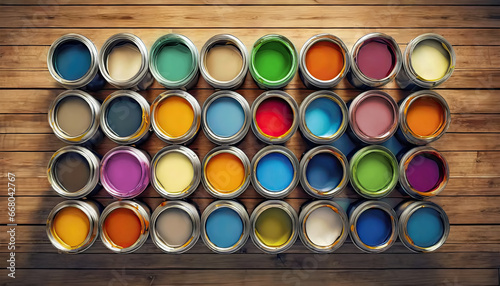 Row of paint cans with colorful paints over weathered wooden floorboard. Top view. Ai generated art.