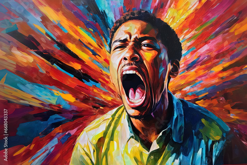 Emotions of anger  anxiety  madness and hopelessness. Painting illustration of a male African American person screaming.