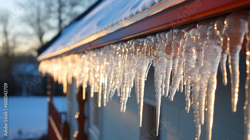 icicles on a roof, Icicles on house roof in cold winter