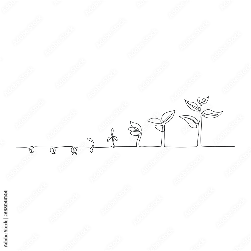 Continuous tree plant growing and seed maturation single line art ...