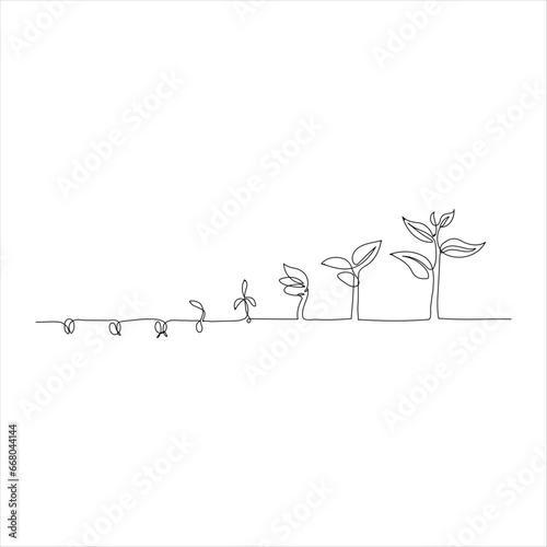 Continuous tree plant growing and seed maturation single line art vector outline illustration
