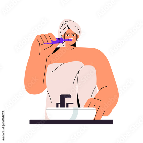People brush teeth toothpaste. Young woman in towel cleaning tooth with electric toothbrush. Girl do morning water treatments. Dental hygiene, oral health. Flat isolated vector illustration on white