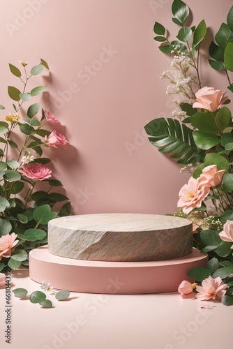 Stone and Rock shape background, mockup for podium display or showcase with flowers and leaves, copy space