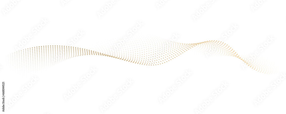 Flowing dot particles wave pattern halftone gold gradient smooth curve shape isolated on transparent background. Vector in concept of luxury, technology, science, music, modern. - obrazy, fototapety, plakaty 