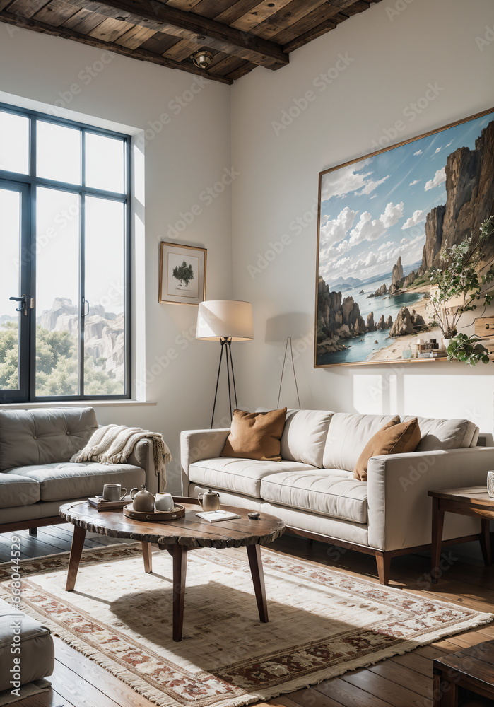 Fototapeta premium Tranquil Living Space: White Sofa, Coastal Art, and Elegant Decor