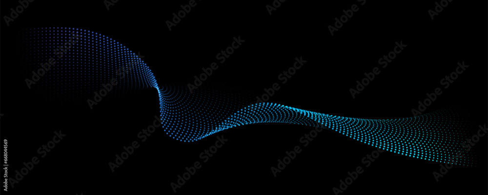 Flowing dot particles light wave pattern halftone blue and green gradient smooth curve shape isolated on black background. Vector in concept of technology, science, music, modern. Flowing dot particles light wave pattern halftone blue and green gradient smooth curve shape isolated on black background. Vector in concept of technology, science, music, modern.