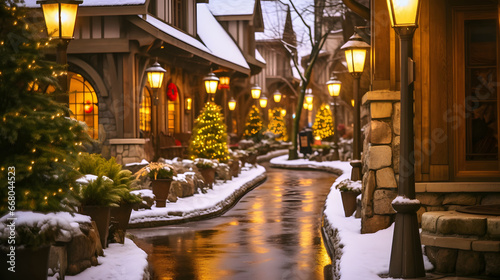 sky village, A snow-covered winter wonderland with a charming village and illuminated holiday lights, setting the scene for a magical Christmas evening