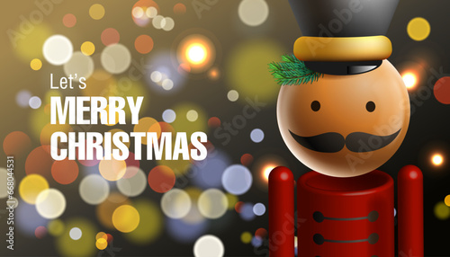 Traditional Christmas holiday nutcracker figurine with Xmas tree bokeh lights background. Vector illustration