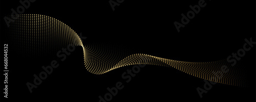 Flowing dot particles light wave pattern halftone gold gradient smooth curve shape isolated on black background. Vector in concept of luxury, technology, science, music, modern.