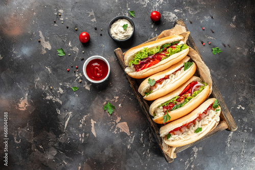 Set of hot dog on a dark background. top view. place for text