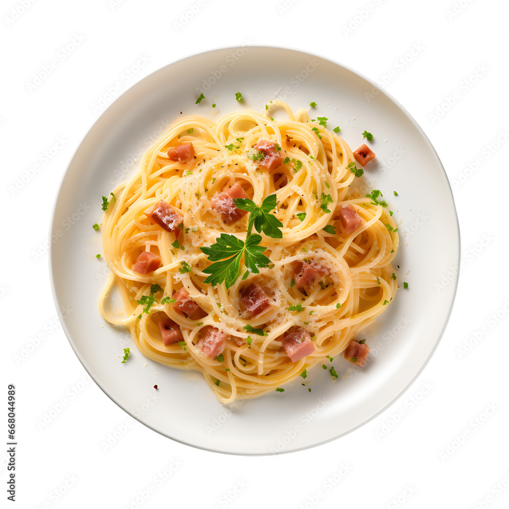 Top View of Spaghetti Carbonara with Grated Parmesan Isolated on Transparent or White Background, PNG