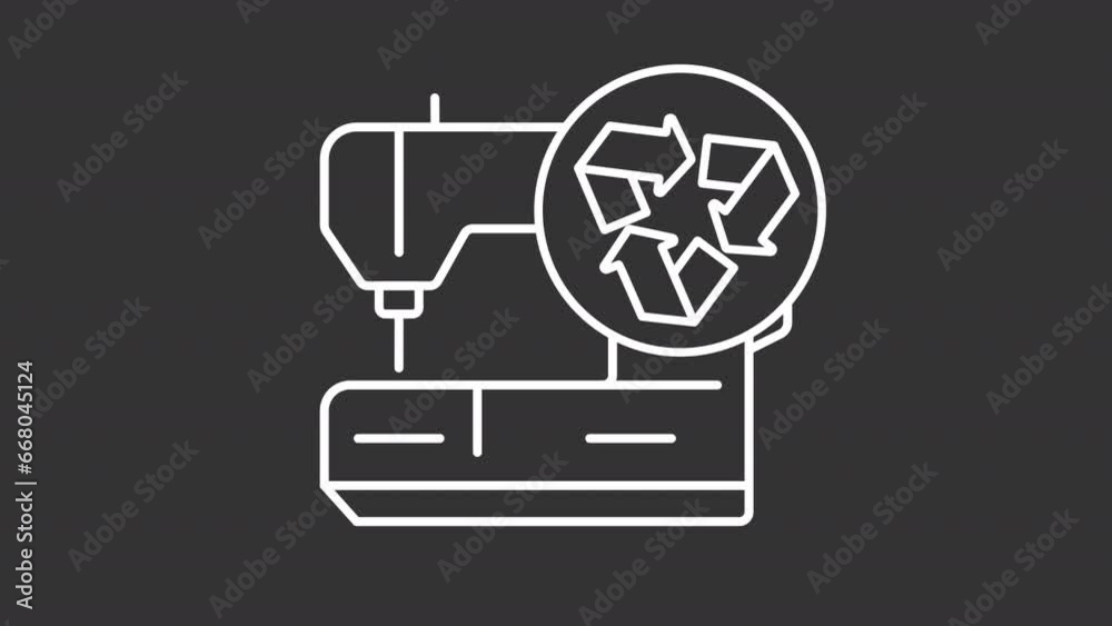 2D white simple thin line animation of sewing machine and recycle icon, HD video with transparent background, seamless loop 4K video representing clothing alteration. 2D white simple thin line animation of sewing machine and recycle icon, HD video with transparent background, seamless loop 4K video representing clothing alteration.